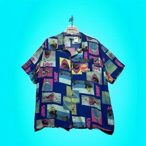 Jaws Short Sleeve Casual Hawaiian Rayon Shirt Button Up T-Shirt Men 2XL XXL